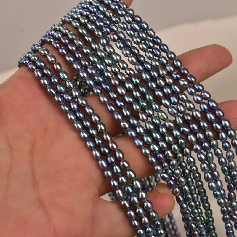 

40cm Length Strong Luster Iridescent Peacock Green Millet Pearls 3-4mm Natural Freshwater Genuine Pearls DIY Handmade Materials