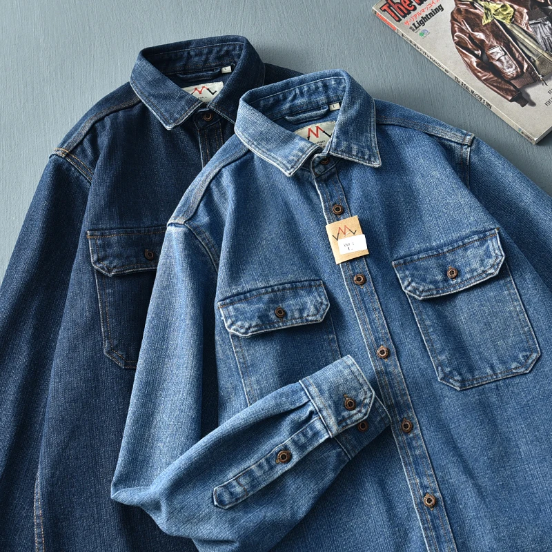 Trendy Men\'s Fashionable Water Wash Blue Denim Shirt Old Loose Retro Work Jacket Long Sleeve