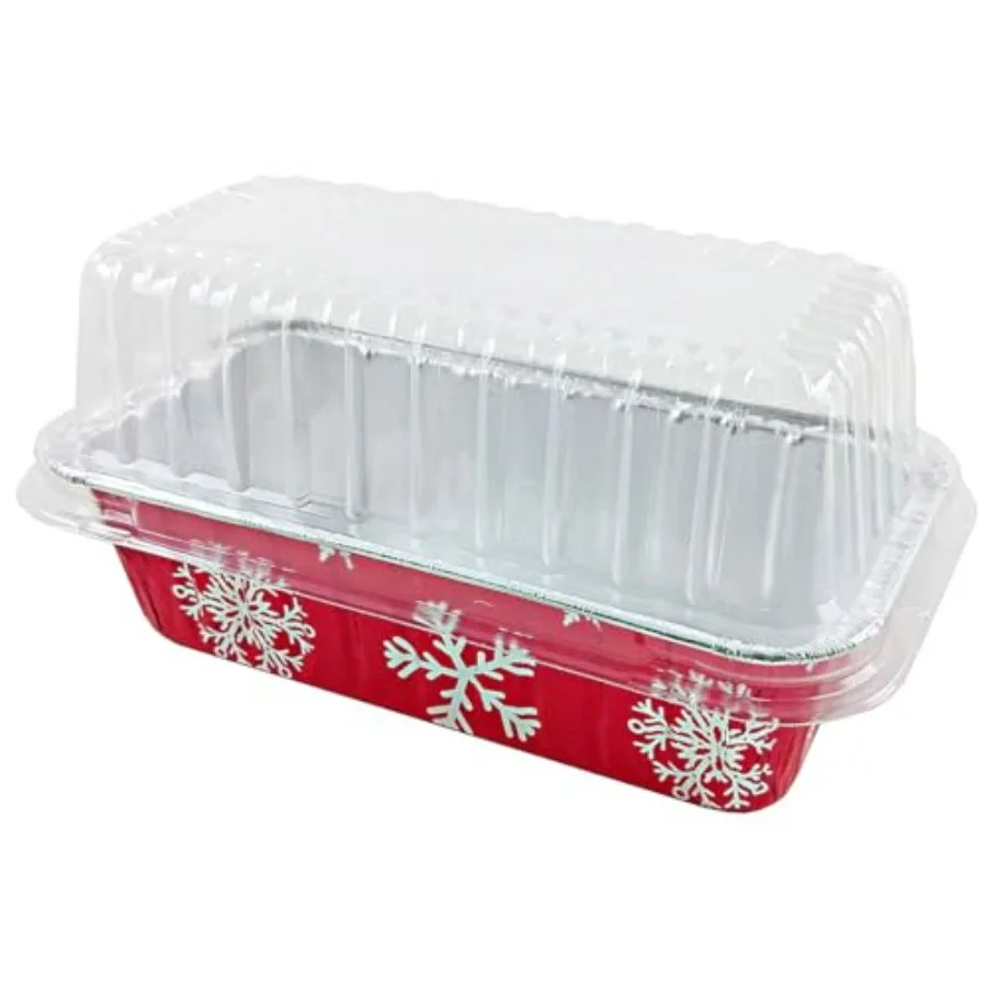 

2 lb. Disposable Red & Silver Holiday Christmas Snowflake Aluminum Foil Standard Size Loaf/Bread Baking Pans with Clear High Dom