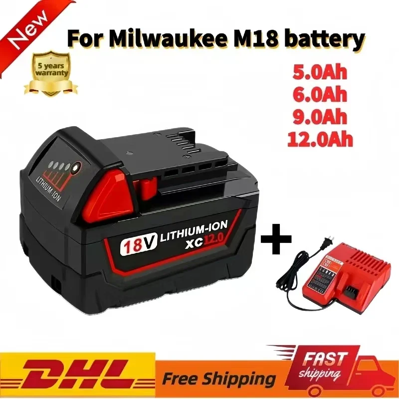 

For Milwaukee M18 Battery 5/6/9/12.0Ah 18V Replacement Lithium Battery for Milwaukee M18 48-11-1815 48-11-1850 2604-22 Battery