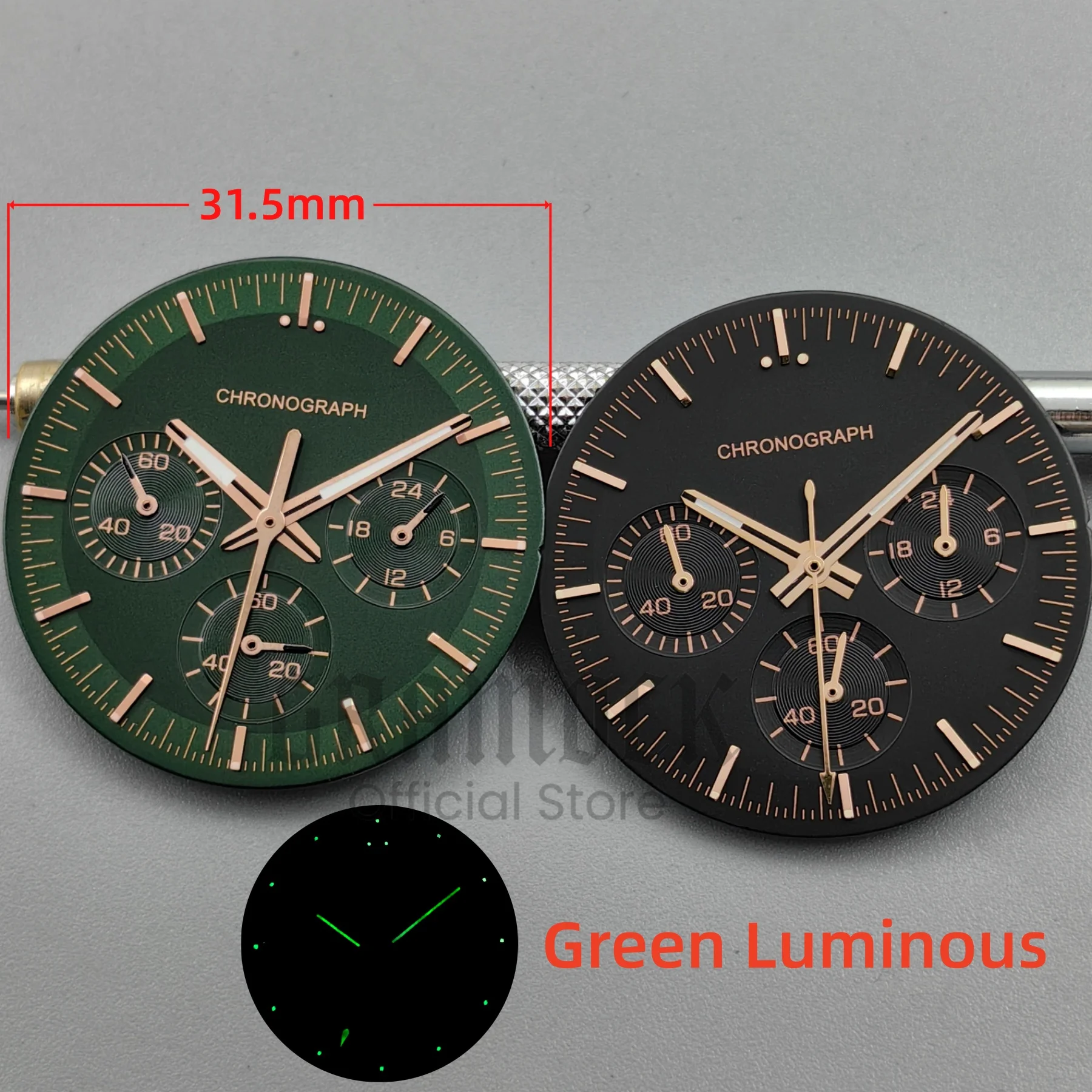 

Циферблат VK63 Luminous Dial 31,5 мм, матовый черный с зелеными и белыми элементами, с указателем фаз луны, 6 стрелок, для механизма VK63A, аксессуар для мужских кварцевых часов.