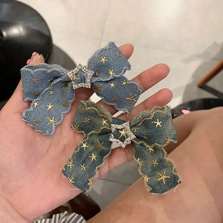 Women's Clip Vintage Denim Bow Hairpin Star Rhinestone Hair Accessory Y2k Fashion Hairpin Korean Accessory Clip Hair Acessorios