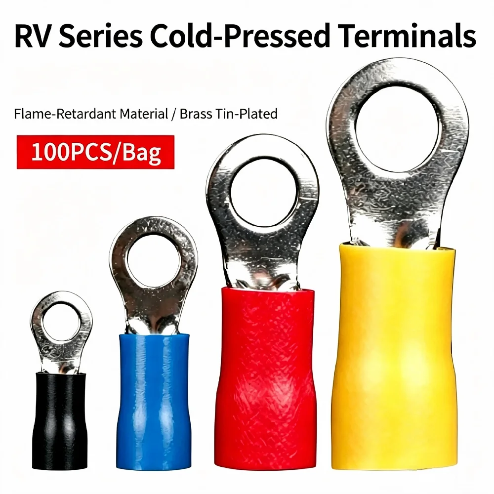 100PCS RV1.25-3.5 Pre-insulated Ring Terminals Kit OShape Insulated Cold Press Wire Connectors Tin Plated Copper Cable Lugs