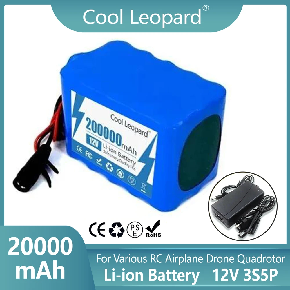 

12V 20Ah 18650 Lithium Battery Pack 3S5P Rechargeable Battery with BMS 12.6v Charger for Fishing Bicycle Large Capacity Battery