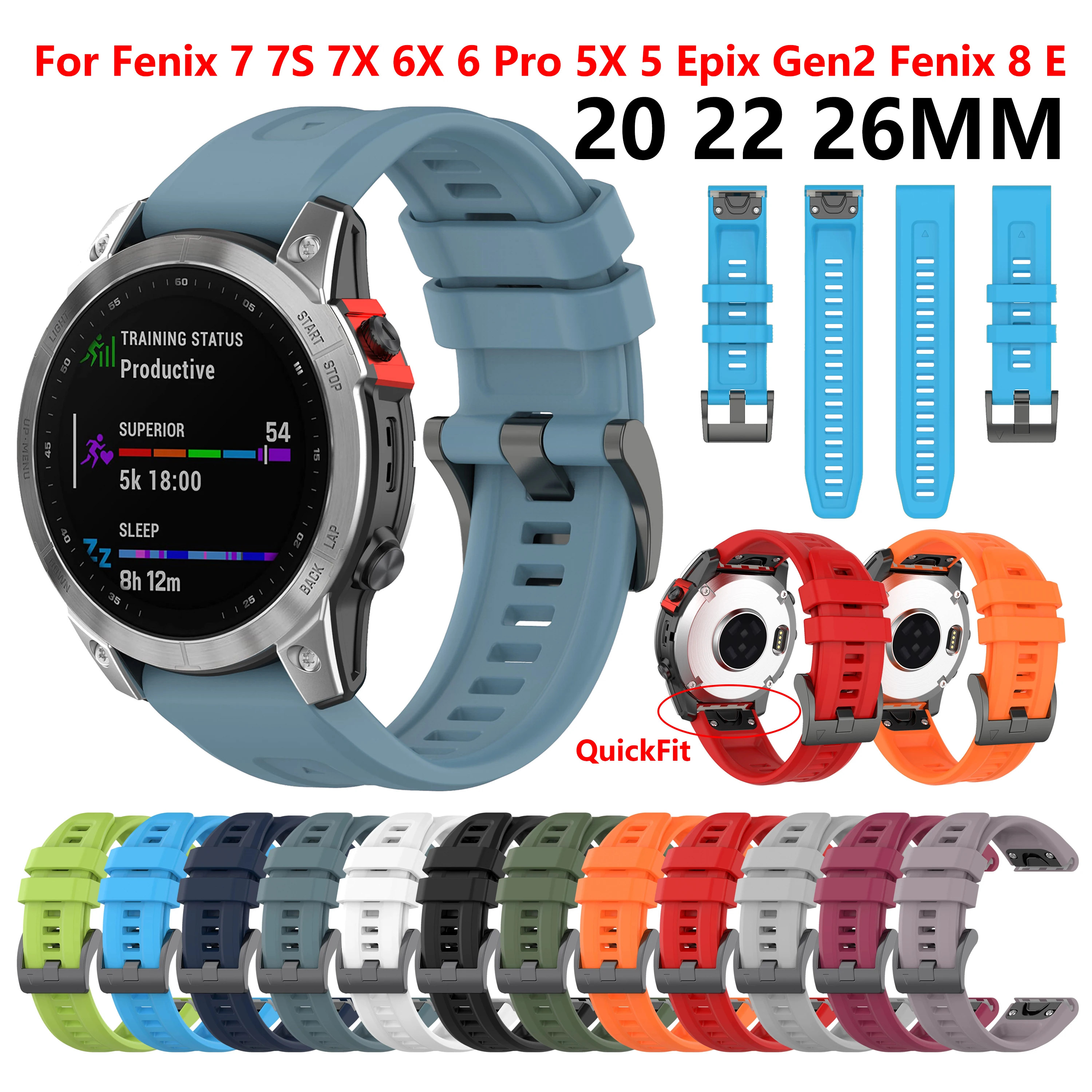 20 22 26mm QuickFit Soft Silicone Watch Band For Garmin Fenix 7 7X 7S 5S 5 5X PLUS 6S 6 6X PRO Fenix 8 Epix Pro Gen2 Wrist Strap