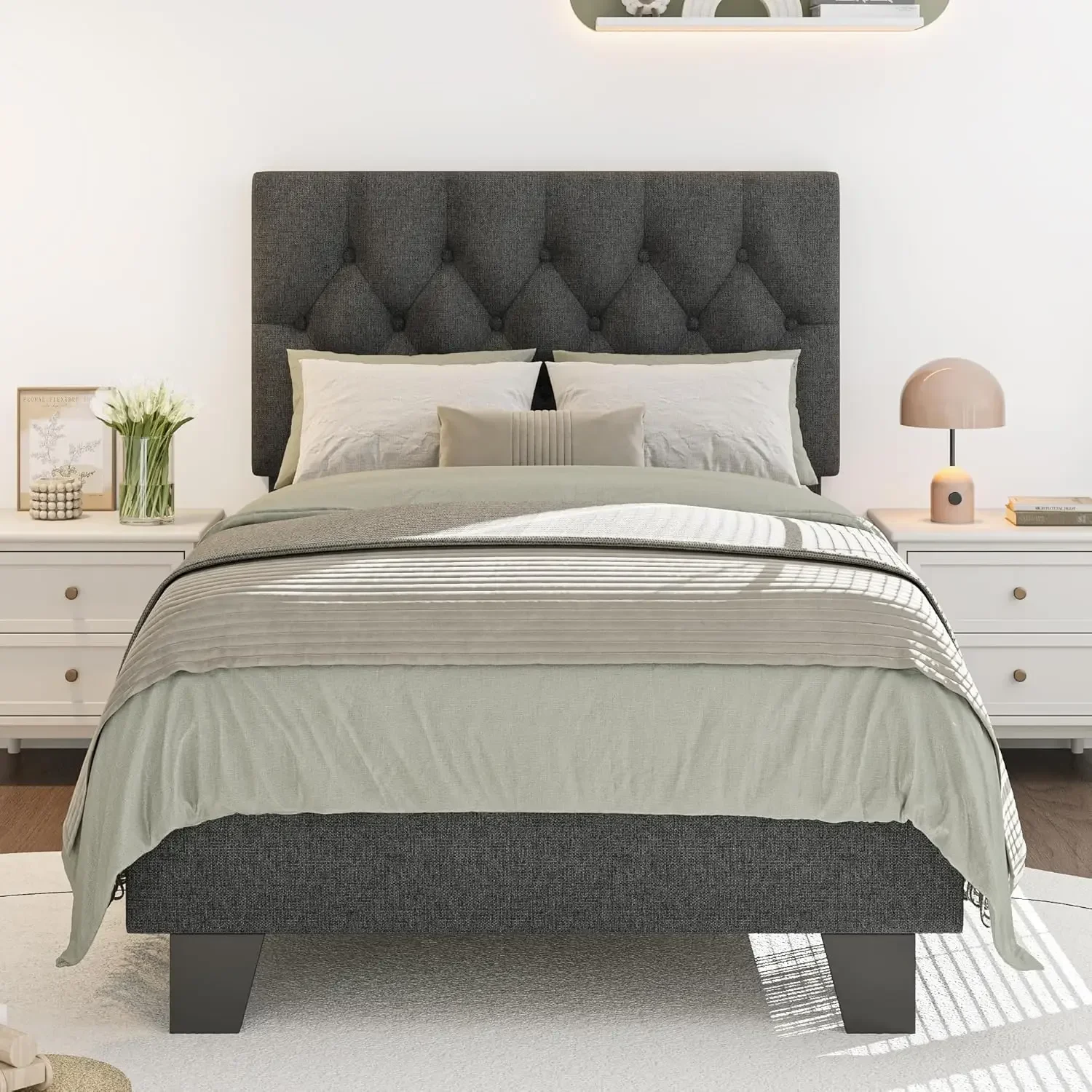 

Upholstered Twin Size Bed Frame With Button Tufted Headboard, Linen Platform Bed With Thickened Support Legs, Padding Edge