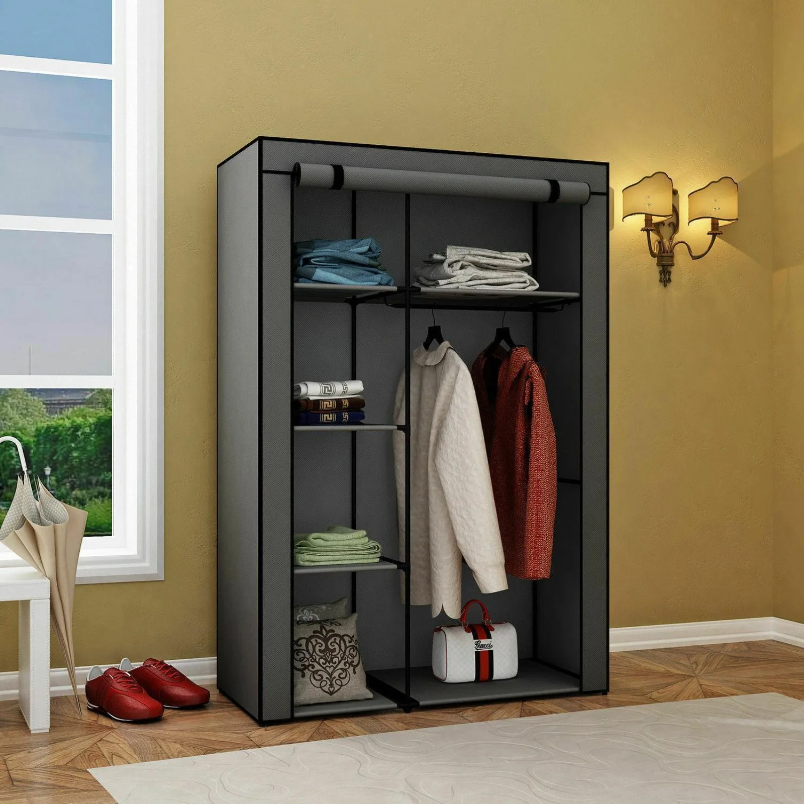 US 64 inch portable wardrobe storage and storage wardrobe shoe rack storage rack with lid-