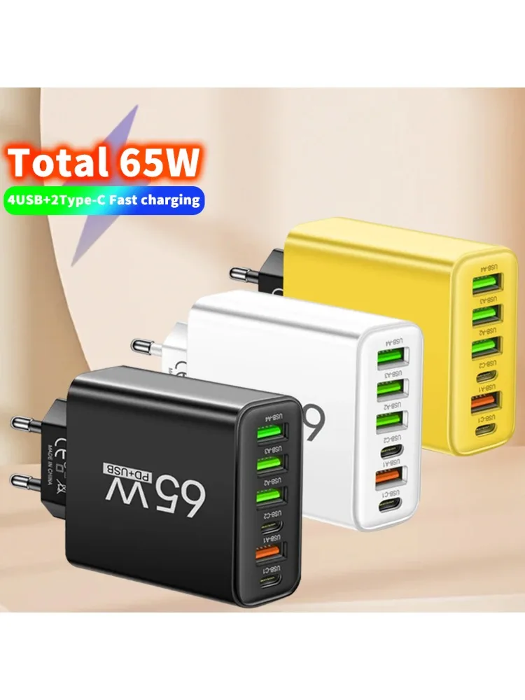 6 Ports 65 W USB PD Ladegerät Schnellladung Typ C Telefon Ladegerät Adapter für iPhone Samsung Xiaomi USB C Schnellladung Wandladegerät