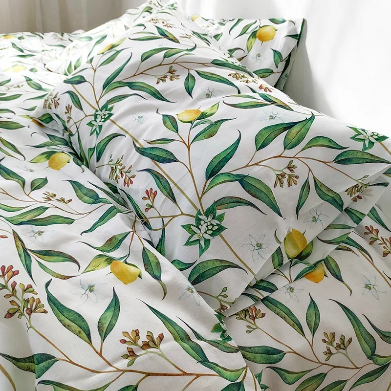 4 PCs Cotton Linen Bedding Set King Size Print Color  Duvet Cover Flat Sheet Pillowcases Customize