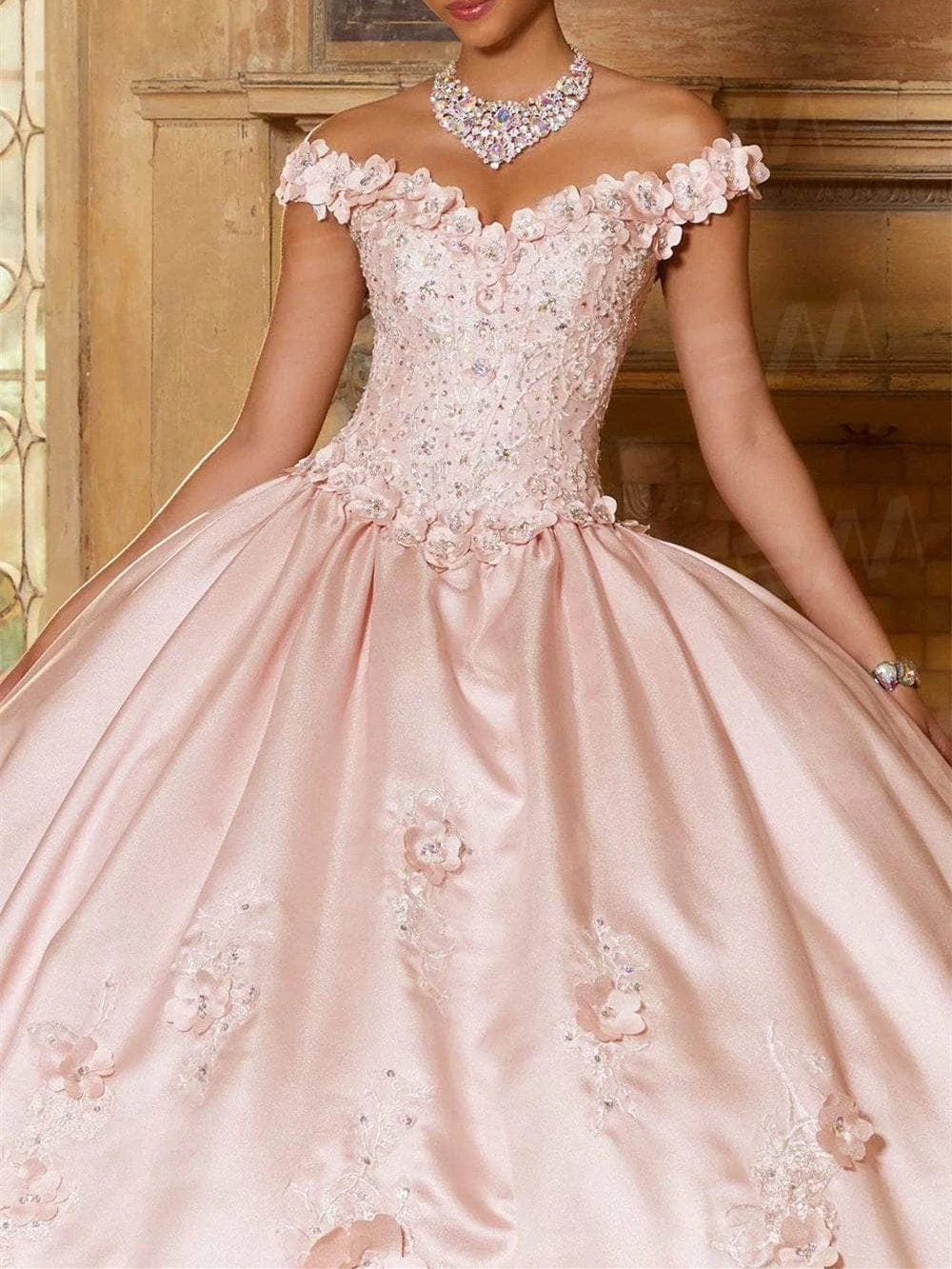 Appliqued Satin Quinceanera Ball Gown 3D Flower Beaded Off The Shoulder Royal Waist Glitter Corset Lace-Up Prom Dresses Party