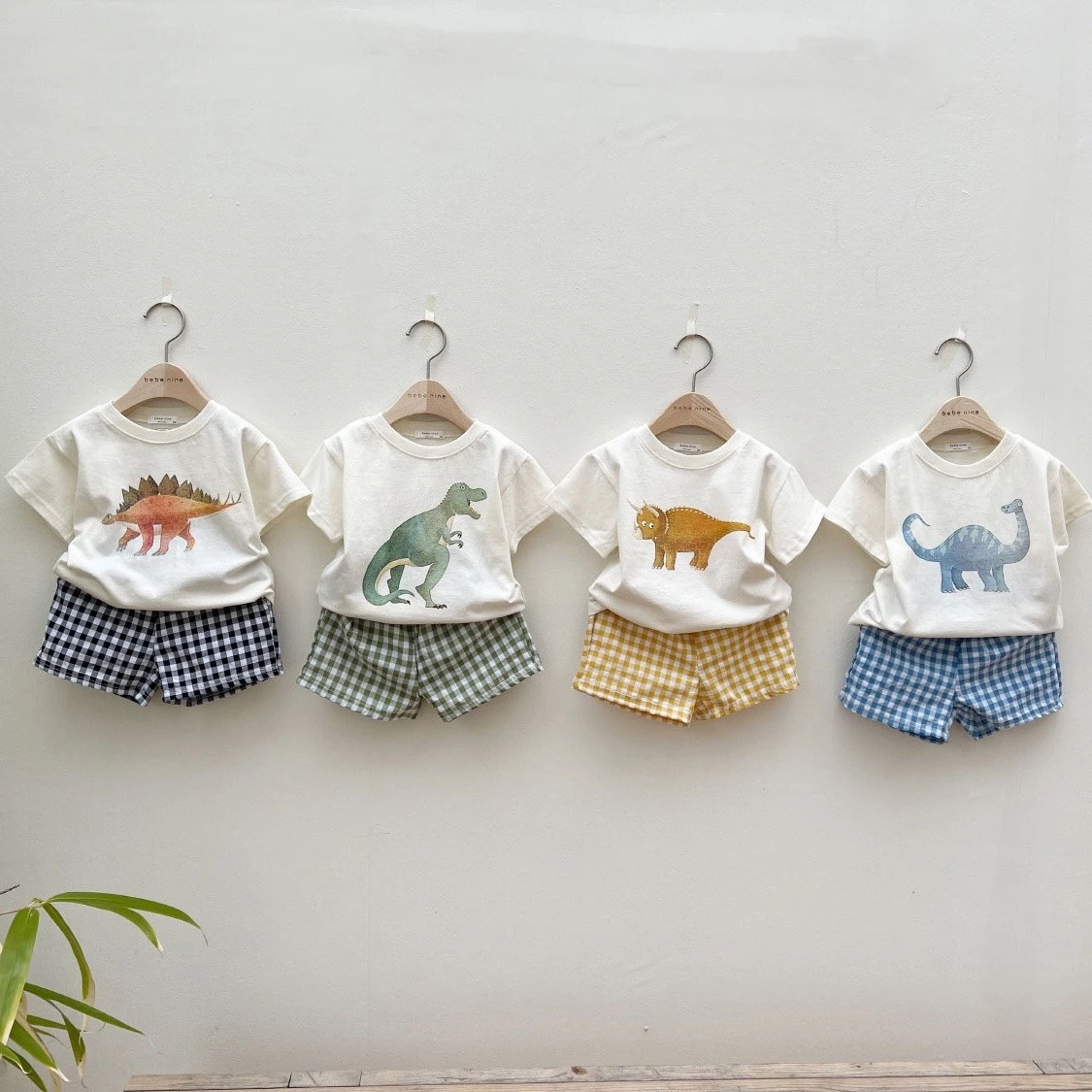 2025 Summer New Children Cute Dinosaur Print Clothes Set Boy Girl Baby Cotton T Shirts + Plaid Shorts 2pcs Suit Toddler Outfits