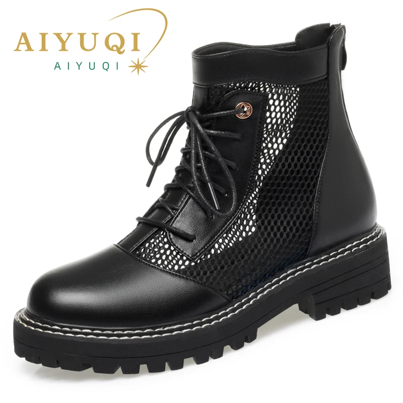 AIYUQI Women's Summer Boots Genuine Leather 2024 New Lace-up Women's Shoes British Style Plus Size 41 42 Women's Cool Boots