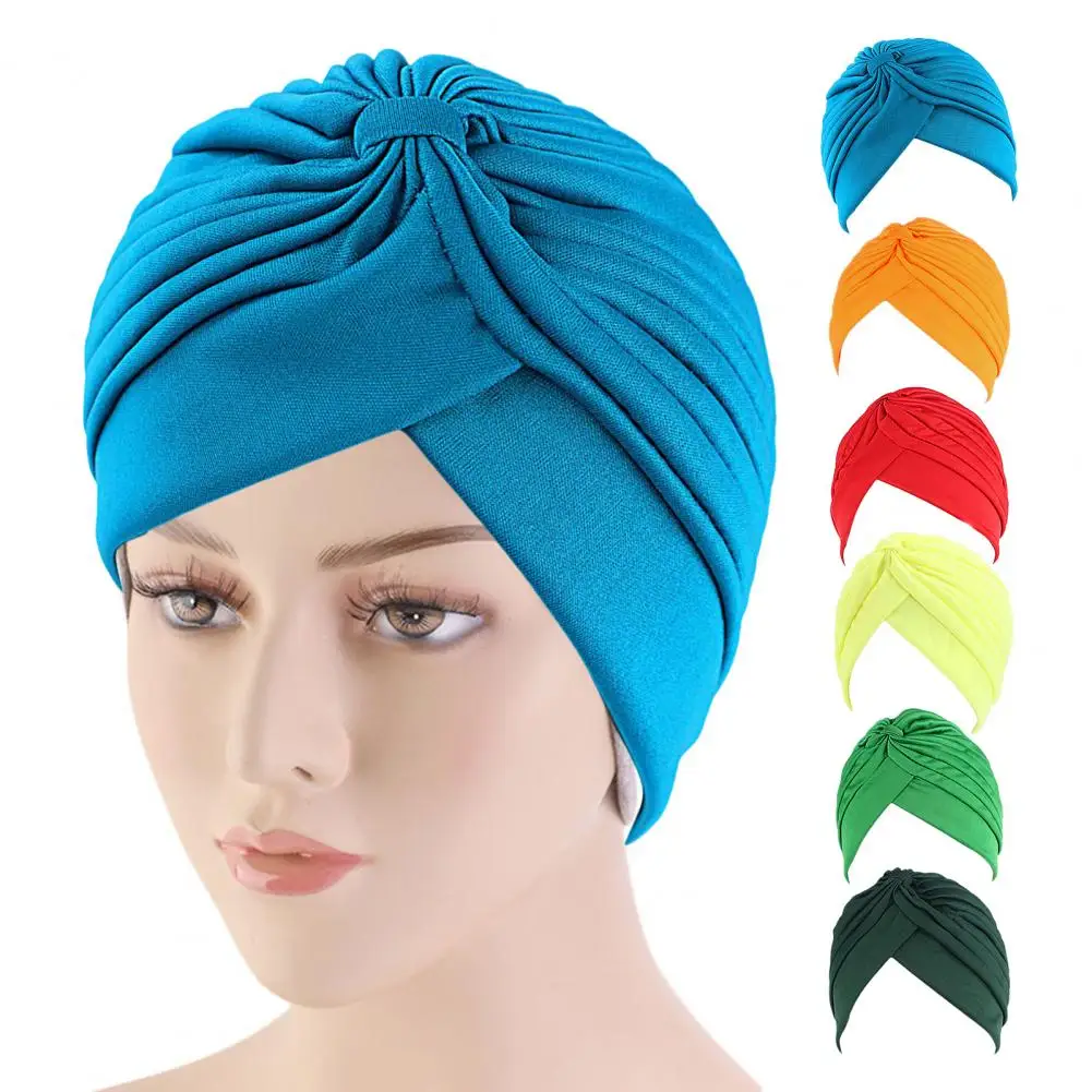 

Pleated Turban Hat Breathable Stretchy Anti-UV Sun-proof No Brim Women Beanie Bandanas Headband Warp Chemo Hijab Indian Cap