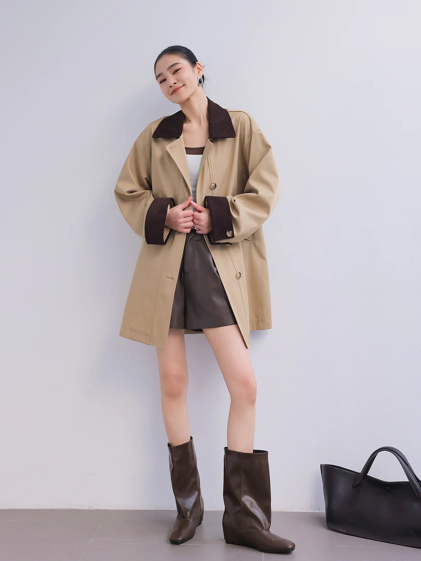 JWUNIQUE British Retro High-End Women's Loose Long Coat with Corduroy Collar Color Block Windbreaker Spring Autumn Outerwear