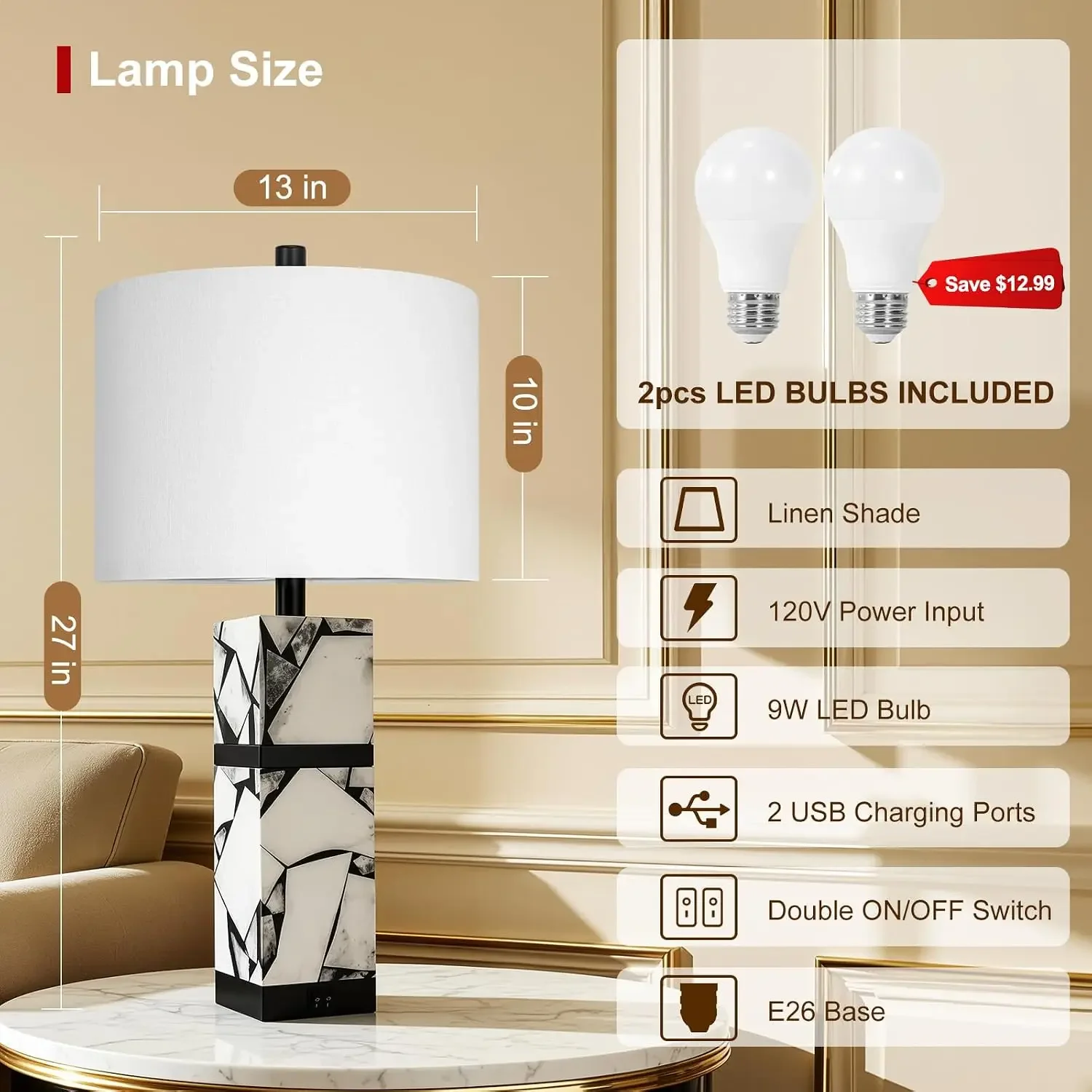 27" Alabaster Table Lamps Set of 2 with Night Light & USB A+C Ports for Living Room Bedroom, Linen Shade, Bulbs Included view 2