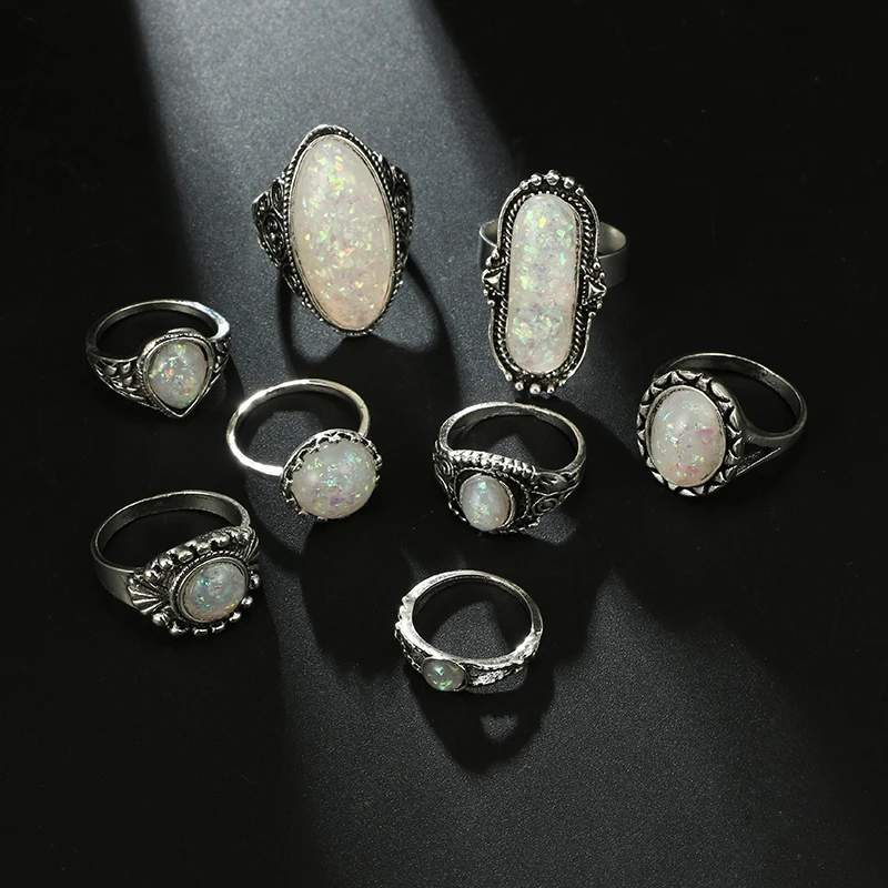 Tocona-set of vintage rings, silver colour, coloured OPAL, carved stone, Bohemian jewels for women and men