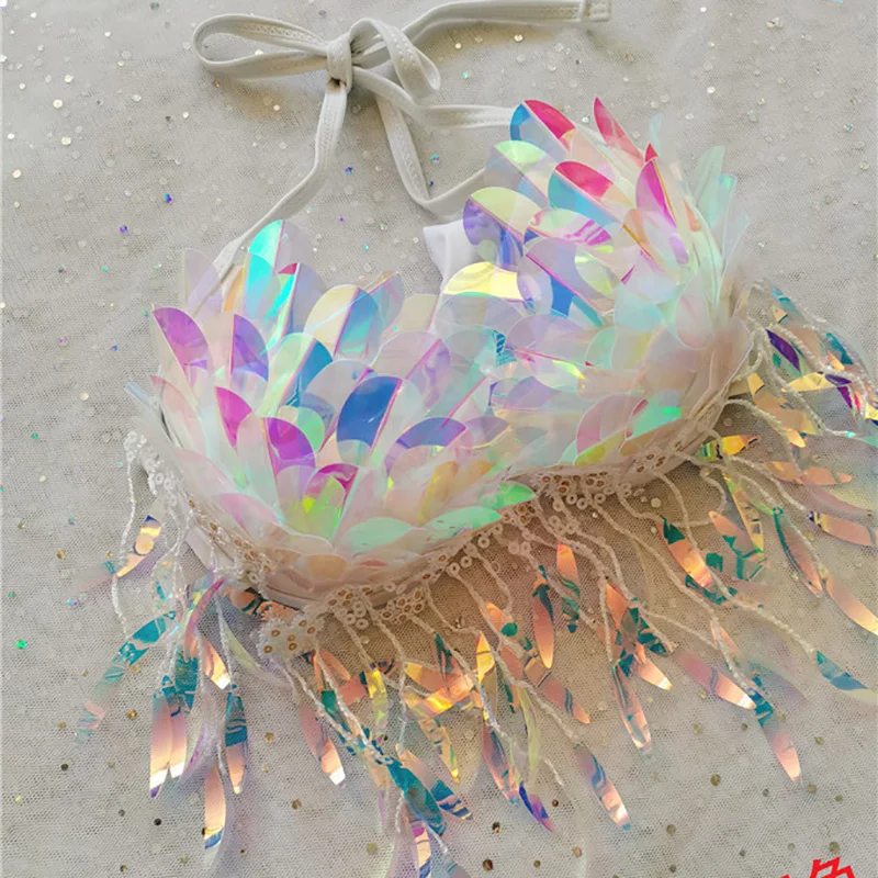 Handmade Mermaid Sequins Seashell Bikini Top Bra Oceanarium Bar Table Performance Costume Fishtail Leather