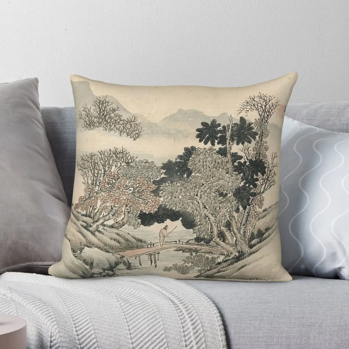 Japanese Man Crossing Bridge Square Pillowcase Polyester Linen Velvet Pattern Zip Decorative Pillow Case Bed Cushion Cover