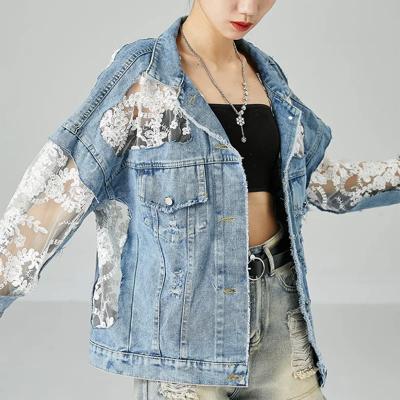 BPN Patchwork Sheer Mesh Denim Jackets For Women Lapel Long Sleeve Single Breasted Hit Color Embroidery Jackets Female Fashion
