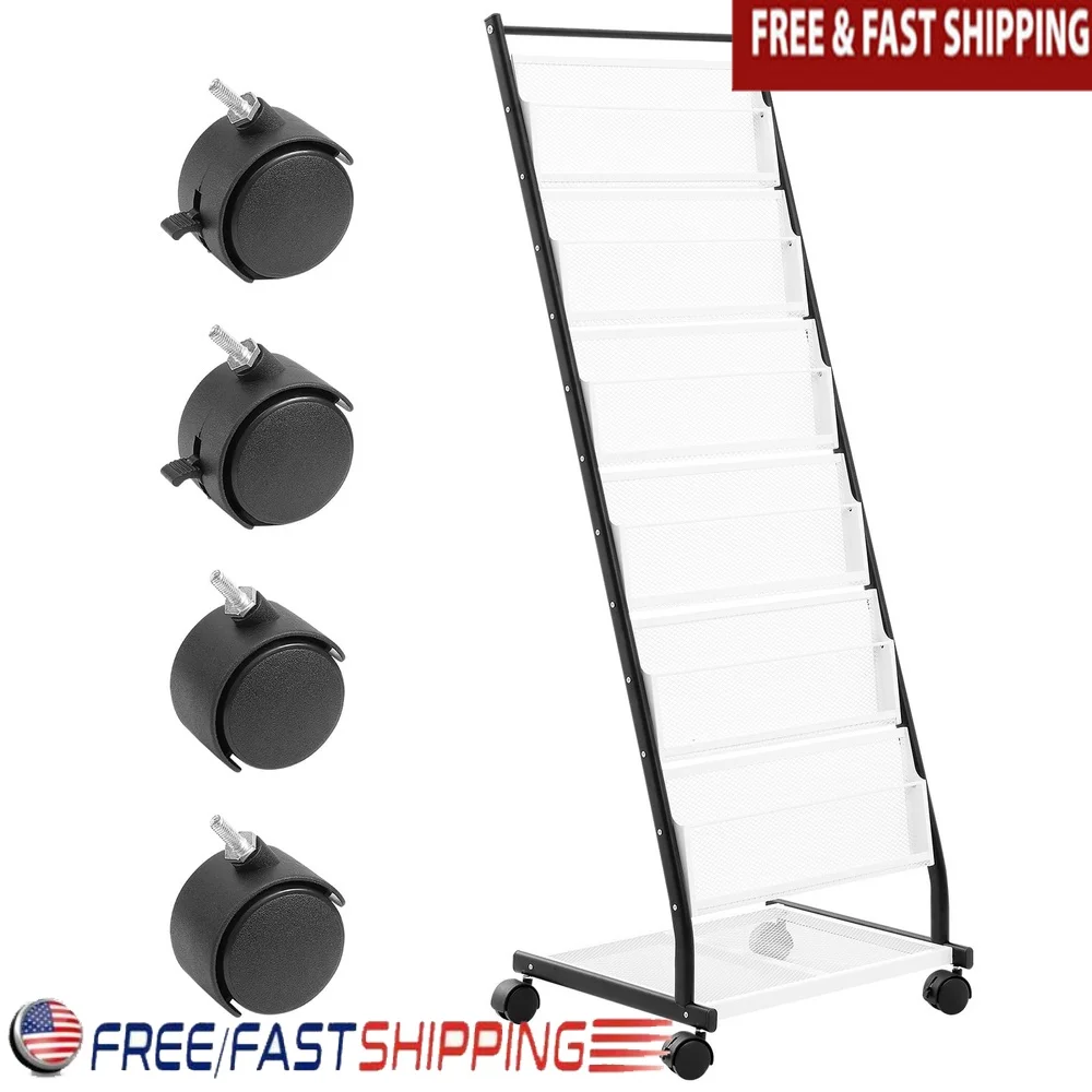 

6-Tier Magazine Display Rack with Wheels Portable Literature Organizer Office Hotel Library Easy Mobility Storage Solution