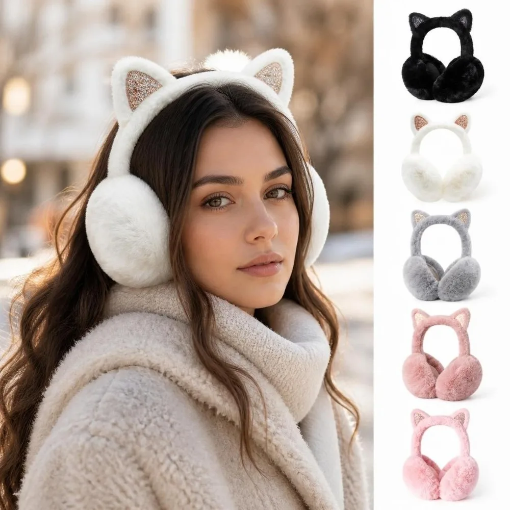 Portable Faux Fur Cat Ear Earmuffs Fluffy Foldable Faux Fur Ear Warmers Thermal Lining Ear Muffs For Women