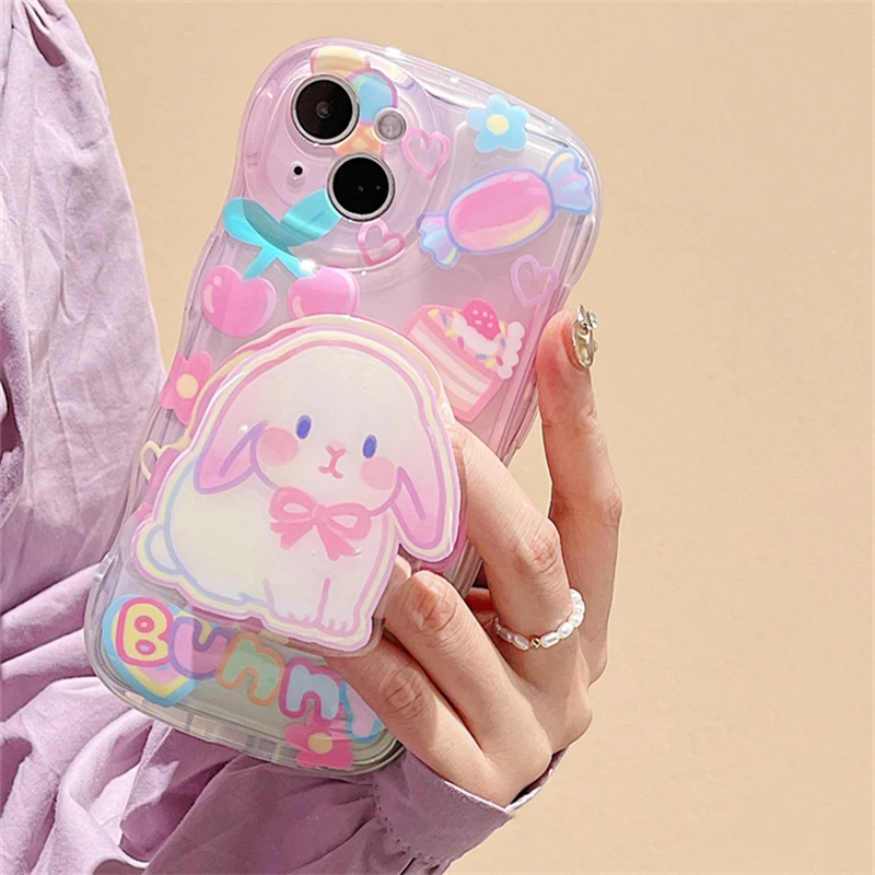 Cartoon Cat Rabbit Holder Phone Case For iPhone 14 13 12 11 Pro Max Japan Korea Cute Graffiti Soft Silicone Cover Friend Shell