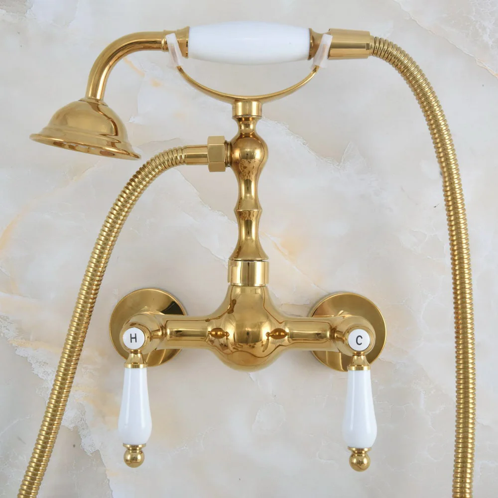 

Contemporary Gold Color Brass Wall Mounted Bathroom Shower Faucet Set with 150CM Hose Handheld Spray Head Mixer Tap Dna835