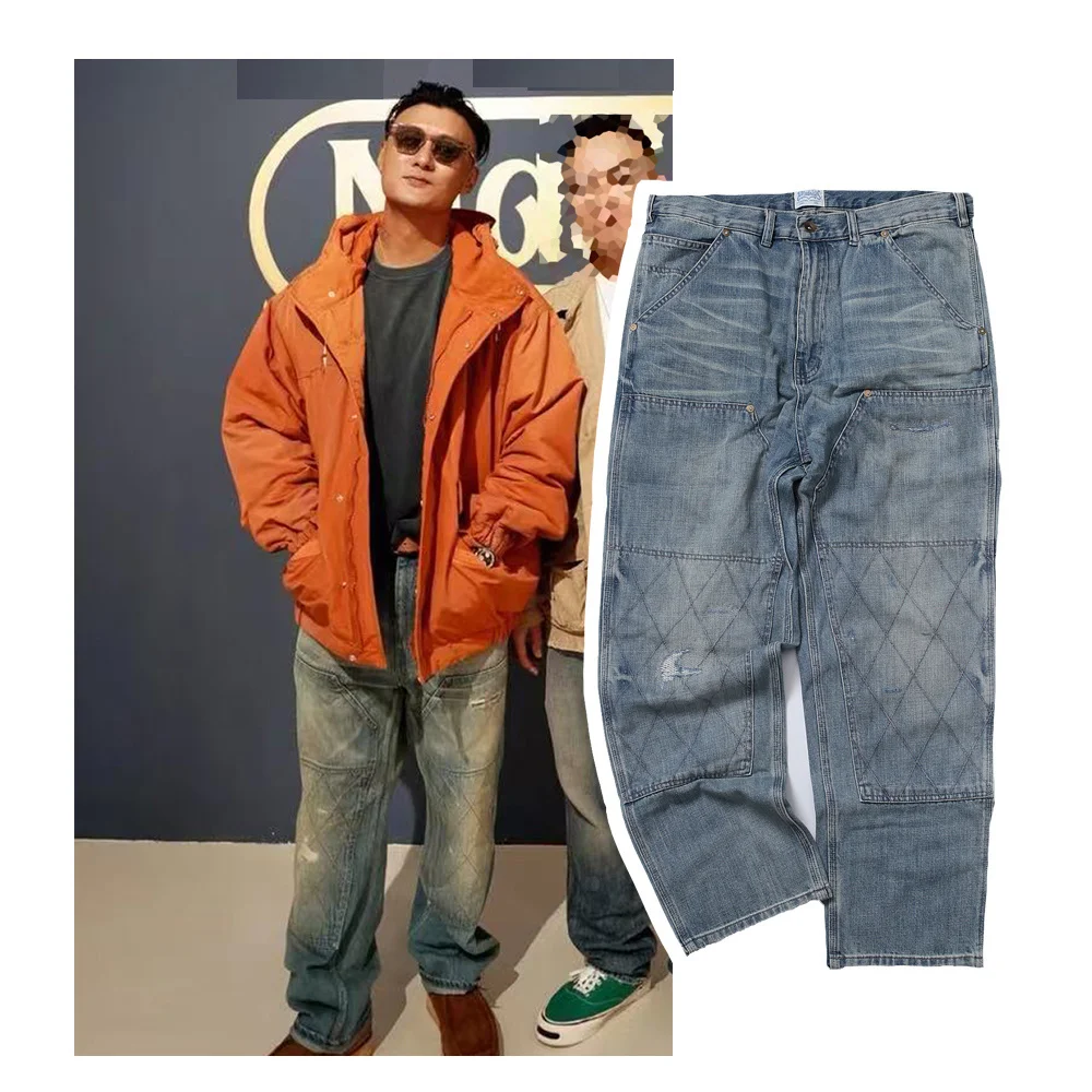 

MADNESS Japanese Style Low Waist Workwear Jeans Worn-In Distressed Washed Cotton Denim Casual Trousers for Men Youth