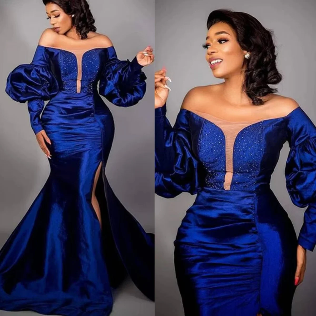 Customized Royal Blue Satin Mermaid Evening Dress Elegant Off Shoulder Beaded Side Stitching Ball Dress Plus Size
