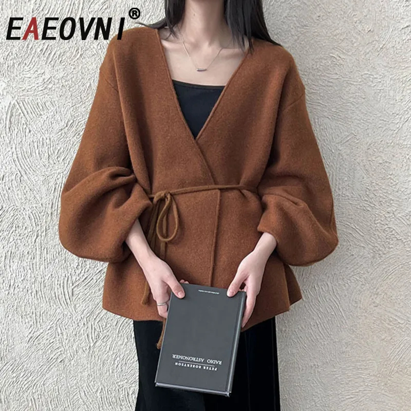 

EAEOVNI осень-зима новое женское пальто шерстяное с v-образным вырезом свободные пышные рукава на шнуровке со сборкой на талии однотонная куртка модная одежда