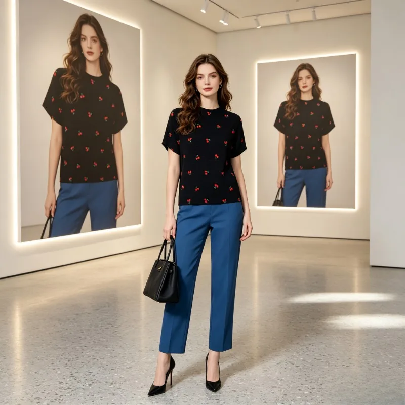 

Женская плиссированная футболка Miyake с коротким рукавом, летняя коллекция 2026, с вишнёвым принтом, элегантная, повседневная, универсальная, свободного кроя, с плиссировкой