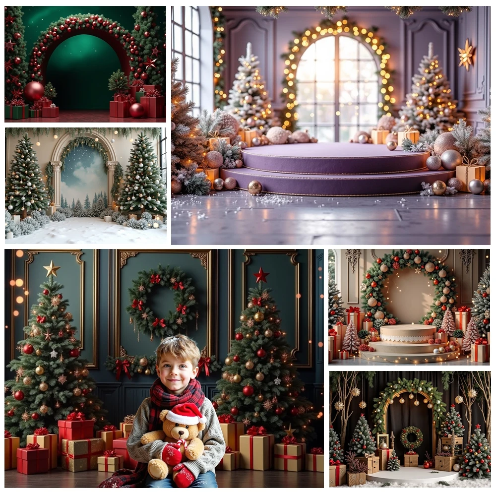

MOON.QG Christmas Interior Decoration Backgrounds For Photographs Wreath Gifts Arch Window Backdrops Party Supplies Wallpaper