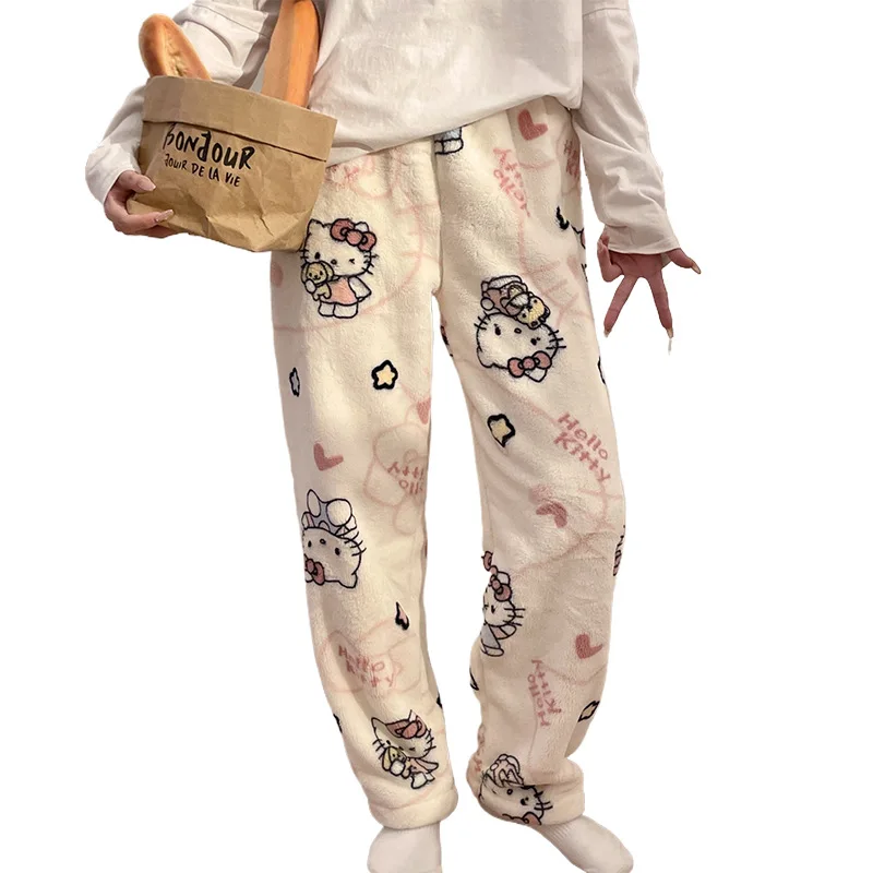 HelloKitty الدافئة المرجان المخملية النائمون المرأة الفانيلا والمخملية السراويل السميكة ملابس خاصة أفخم السراويل المنزلية الكبيرة