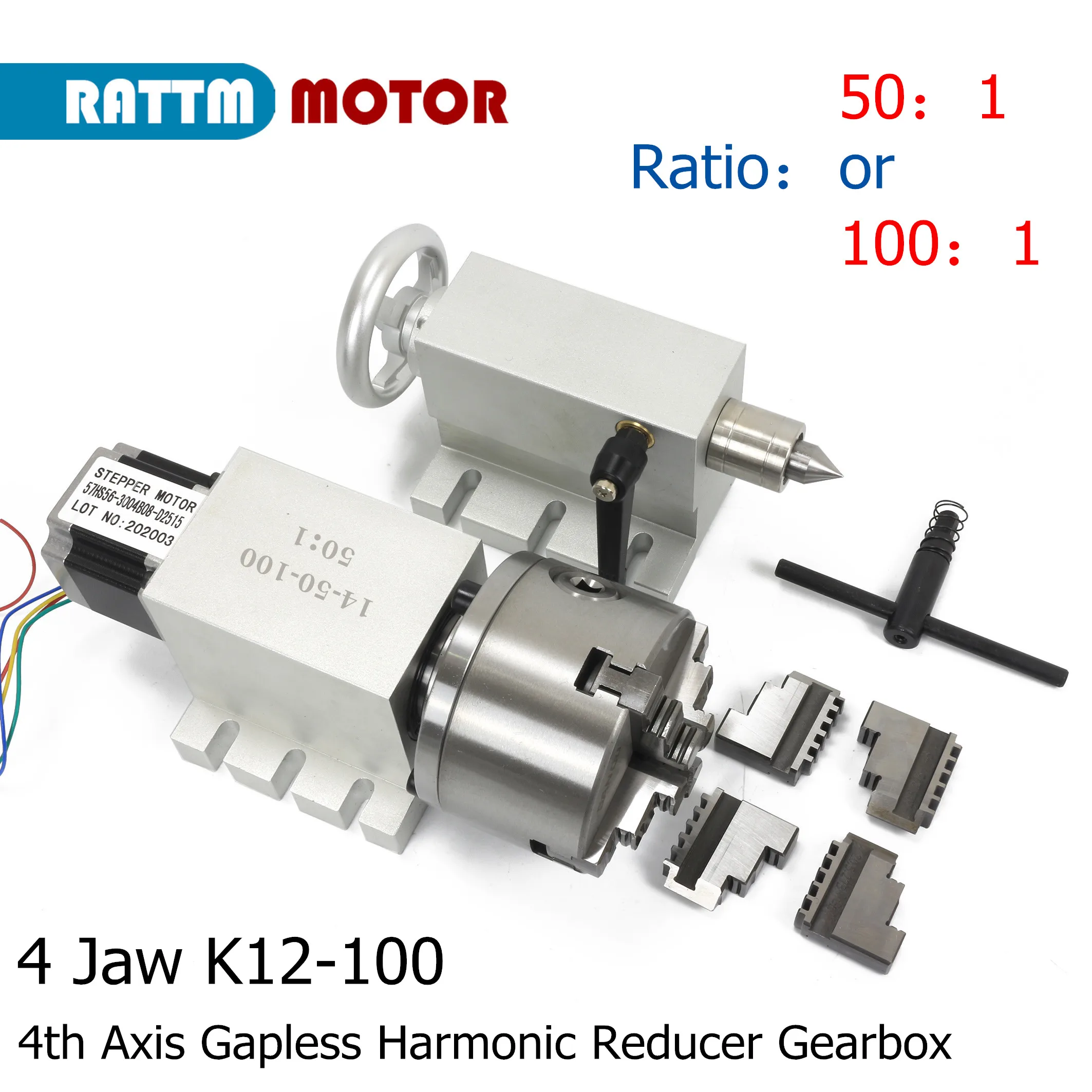 

RATTM MOTOR 50:1 or 100:1 CNC 4th Axis Gapless Harmonic Reducer Gearbox K12-100mm 4 Jaws chuck with 65mm Tailstock