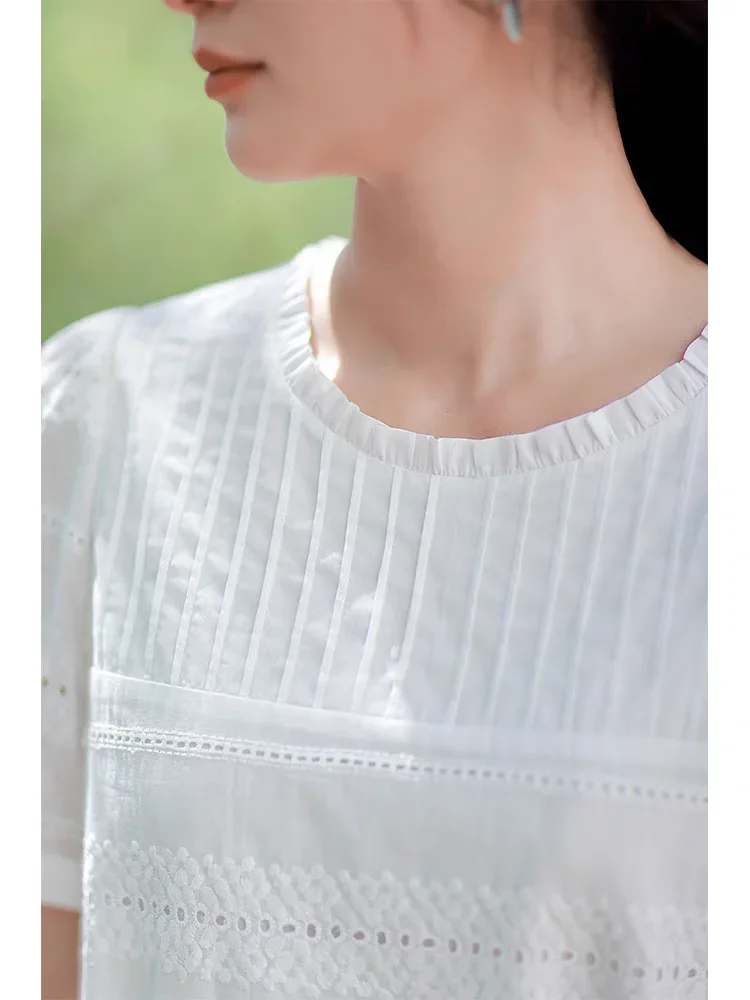 White Cotton Summer Dress Women Elegant Hollow Out Embroidery O-neck Short Sleeve Slim Waist Casual Dresses Vestidos Robe Femme