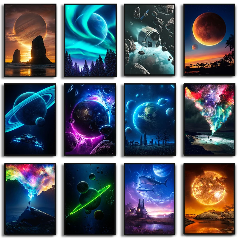 Colorful Space Planet Galaxy Starry Sky Posters and Prints Oblivion Moon Earth Canvas Painting Wall Picture Room Home Decoration