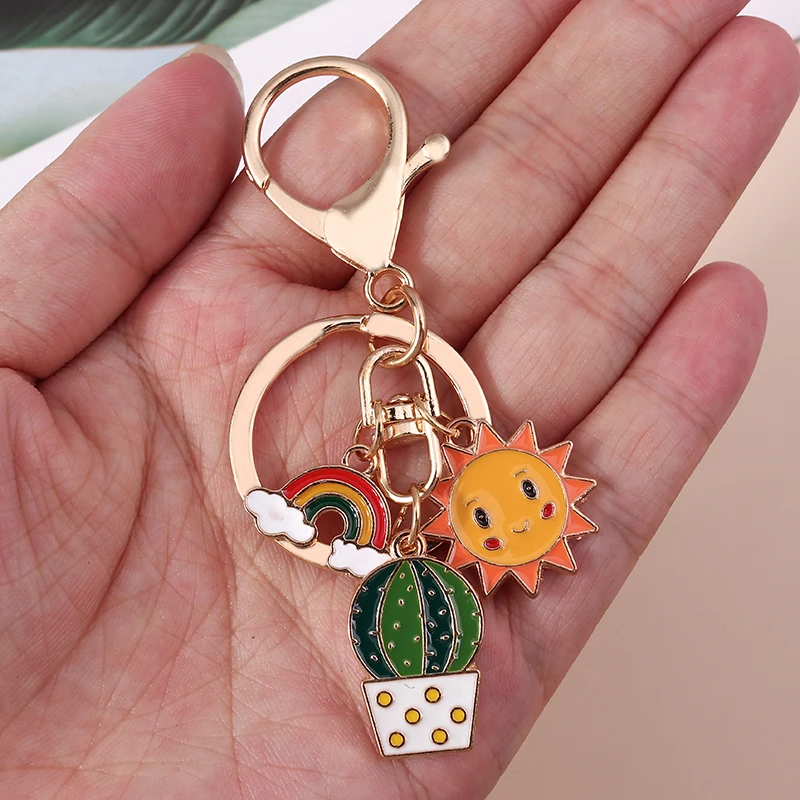 Cute Rainbow Keychains Enamel Plant Cactus Sun Charms Keyrings Souvenir Gifts for Women Men Car Key Handbag Pendants Key Chains