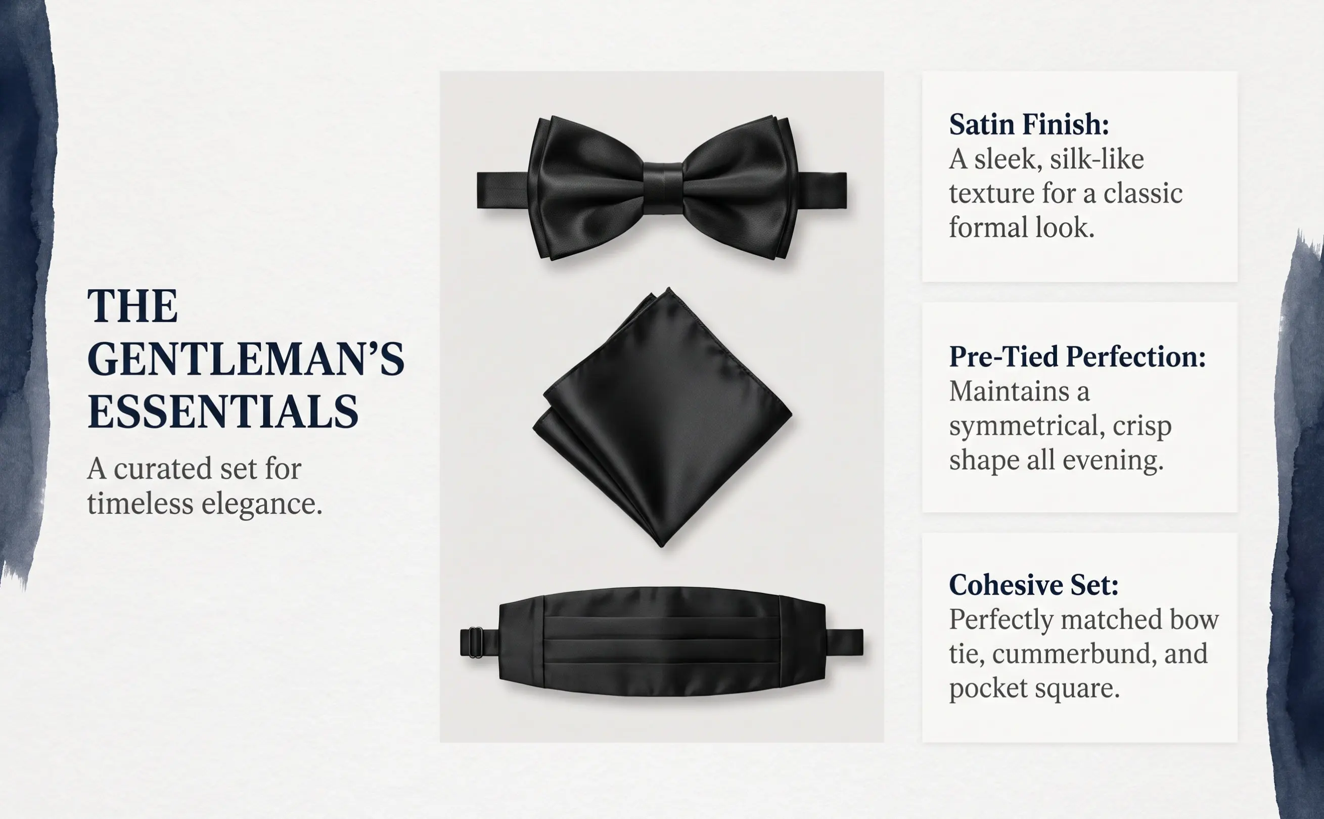 1Set Men Cummerbund Set Black Elegant Bow Tie Pocket Square Waistband Formal Costume Accessories for Wedding Party Ball Dancing
