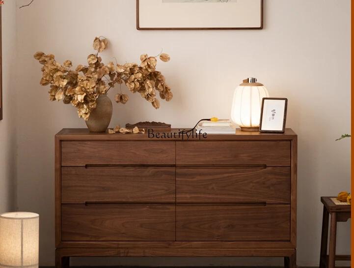 

New Chinese Style Solid Wood Chest of Six Drawers Black Walnut Drawer Cabinet Integrated Wall