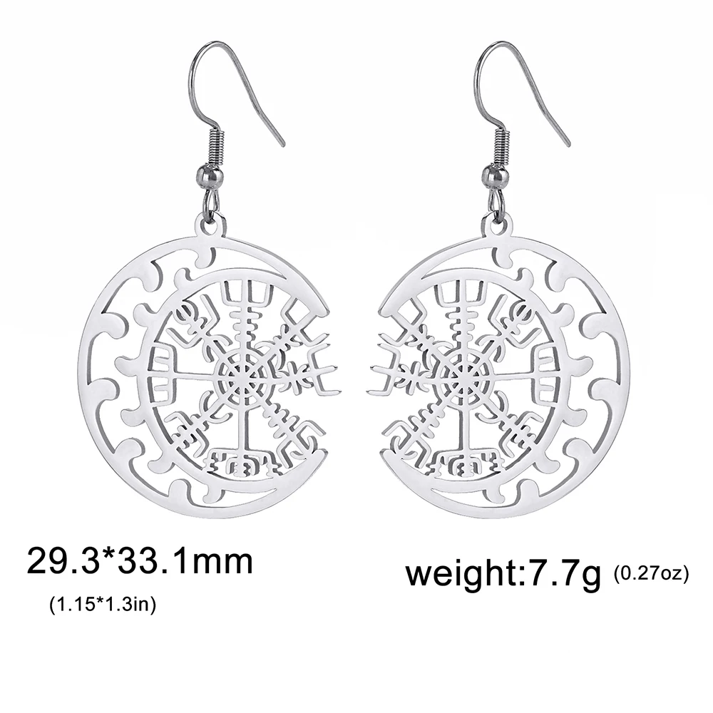 Dawapara Norse Compass Vegvisir Dangle Earrings Crescent Moon Protection Scandinavian Amulet Stainless Steel Jewelry