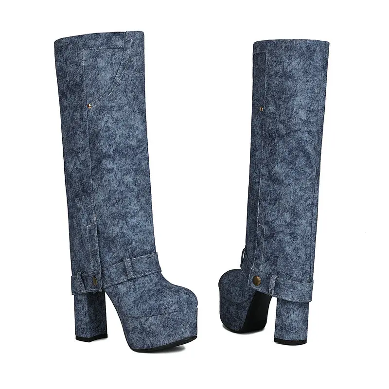 Chaussures à plateforme en denim pour femmes, bottes western, talons hauts, tube droit, bleu, nuit chaude, hiver, document, marque de luxe