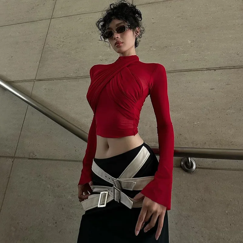 2025 New Spring Women's Fashion Mesh Turtleneck Long Sleeve Red Draped Bandage Sexy See Through Crop T-Shirt Top Streetwear Club