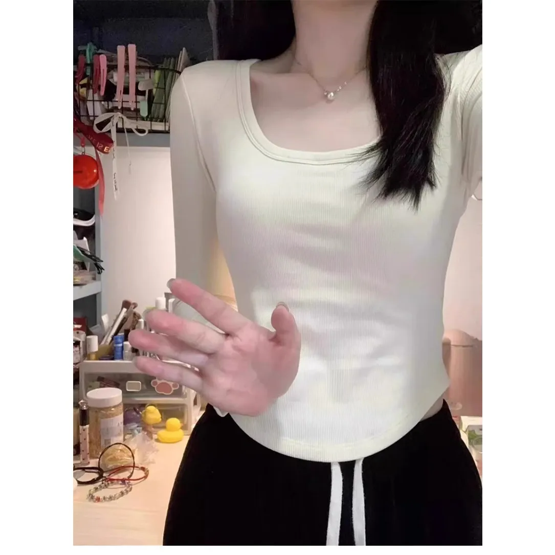 Slim Fit Short Sleeveless T-Shirt Women's Autumn Winter Pure Color Base Shirt Inner Wear Slimming Effect Square Collar Top
