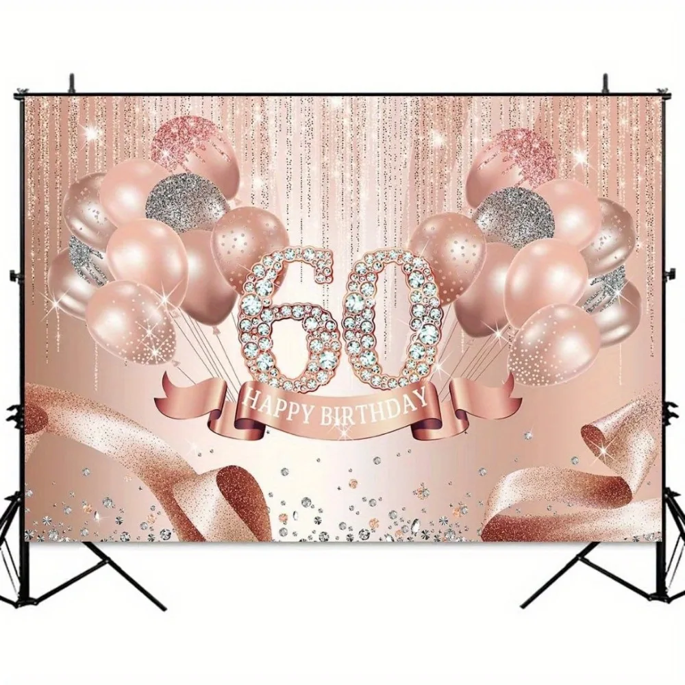 Rose Golden Happy 60th Birthday Backdrop Decorations For Women Pink Glitter Ribbon Balloons Dots Photography Background