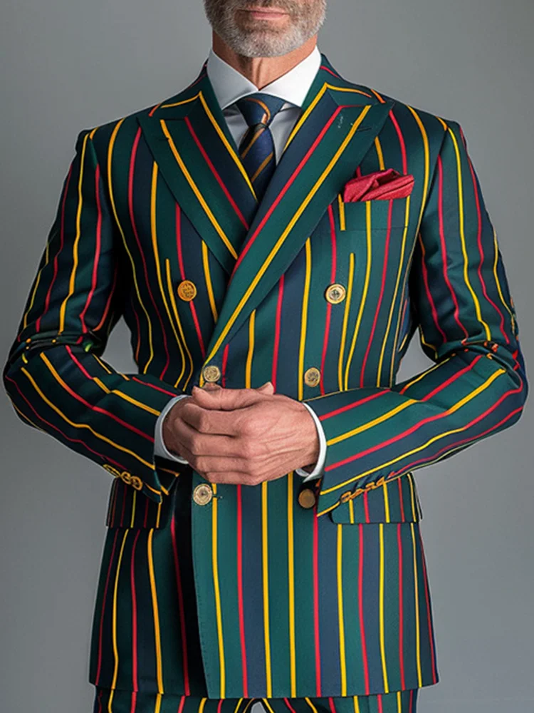 

Men's Double Breasted Blazer Colorful Vertical Stripes Design Luxury Gold Buttons Fashion Formal Party Prom Blazer