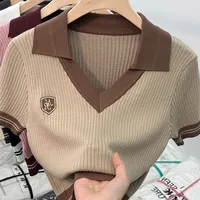 Slimming Sweet Spicy Short Sleeve Polo Neck Ice Silk Knitted Top Women Summer Fashion Sensation Casual Wear Comfortable Fit