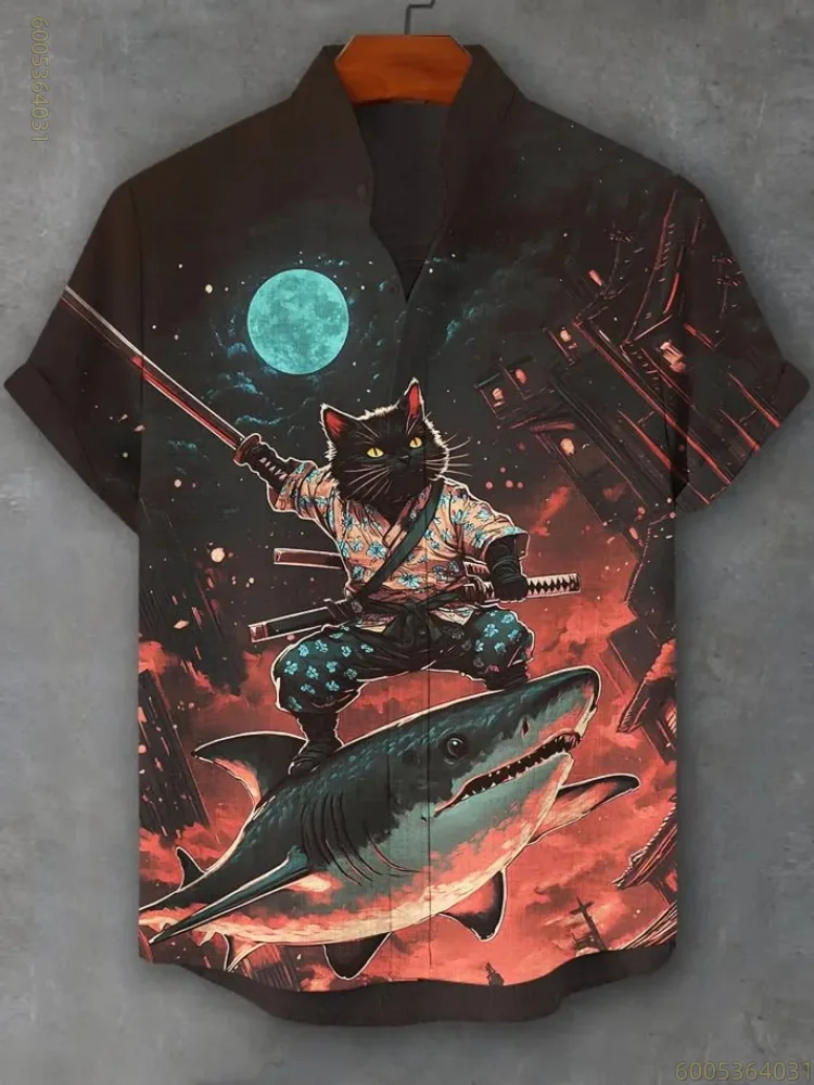 Men's short-sleeved shirt with black cat riding a shark print, Hawaiian style, suitable for commuting and parties, comfortable.