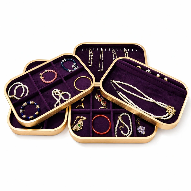 High-Quality Deep Purple Velvet Jewelry Display Tray Metal Edge Jewelry Stand Ring Bracelet Pendant Earring Display Storage Box