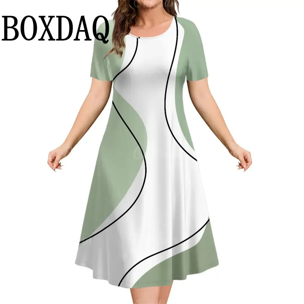 Woman Clothing Women‘S Short Sleeve Dress Plus Size Loose Dresses 3d Striped Printing Clothing Summer Casual Classy A-Line Dress