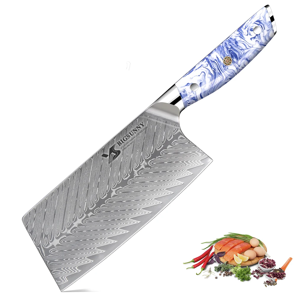 BIGSUNNY 7 Inch Cleaver Knife 67 Layer Damascus VG10 Steel with Resin Blue And White Porcelain Handle